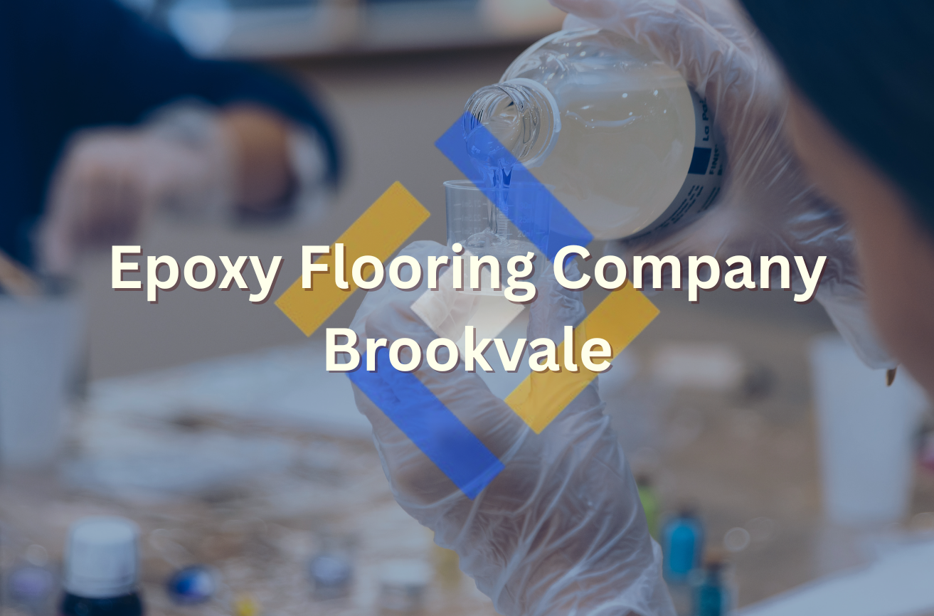 Feature image titled "Epoxy Flooring Company Brookvale" with PURE Epoxy Flooring's semi transparent logo front and centre of the image, with a background of an employee mixing materials prior to epoxy job