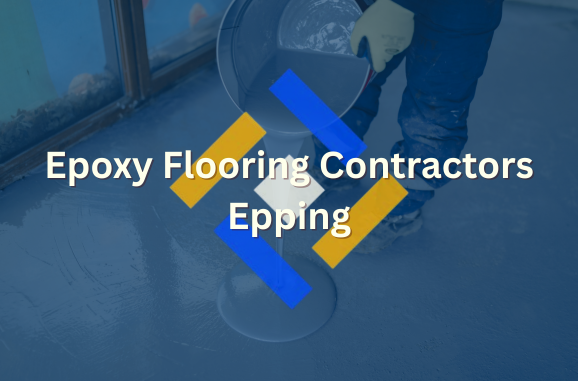 Feature image titled Epoxy Flooring Contractors Epping with the PURE epoxy flooring company logo front and centre, with a semi-transparent image of a worker pouring epoxy solution on the ground of a warehouse