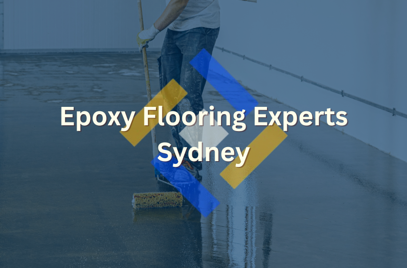 Feature image titled "Epoxy Flooring Experts Sydney" with the PURE epoxy flooring company logo front and centre, with a semi-transparent image of a worker pouring epoxy solution on the ground.