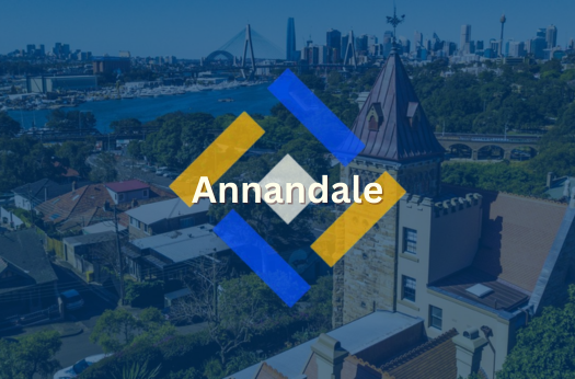 Birds eye view of Annandale with a waterfront scenic background, overlapped by a blue filter and PURE Epoxy Flooring Company Logo and branding