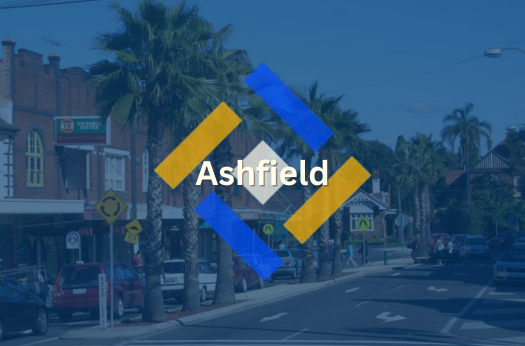 Semi-transparent Ashfield Suburban roadside overlapped by PURE Epoxy Flooring Services logo and branding. 