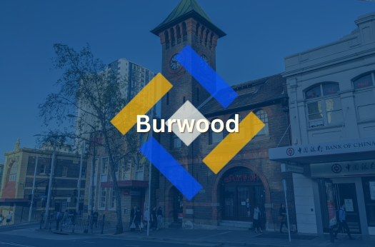 Semi transparent Burwood Post office overlapped by PURE Epoxy Flooring Services logo and branding. 