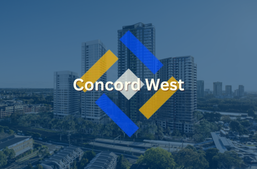 Semi-transparent Background of Concord west high rise buildings and station, with the PURE Epoxy Flooring logo front and centre and athe title "Concord West overlapping it". 