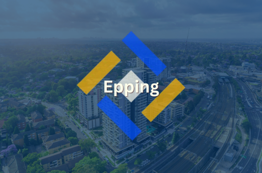 Birds eye view of Epping high rise apartments, with PURE Epoxy Flooring company logo and branding overlapping. 