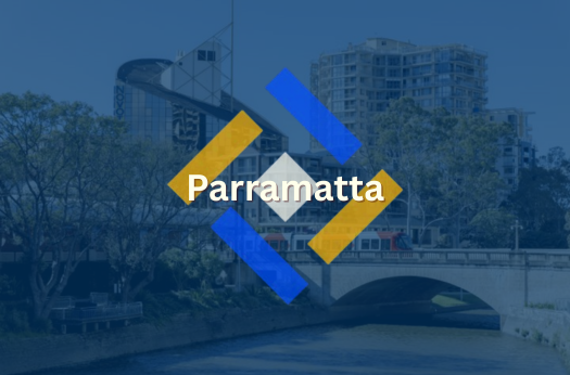 Parramatta skyline with bridge featuring PURE Epoxy Flooring branding