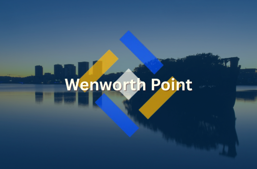 Showcasing one of the areas we serve titled wentworth point with a semi transparent image of wentworth point water front, as well as the PURE Epoxy Flooring company logo front and centre of the page.